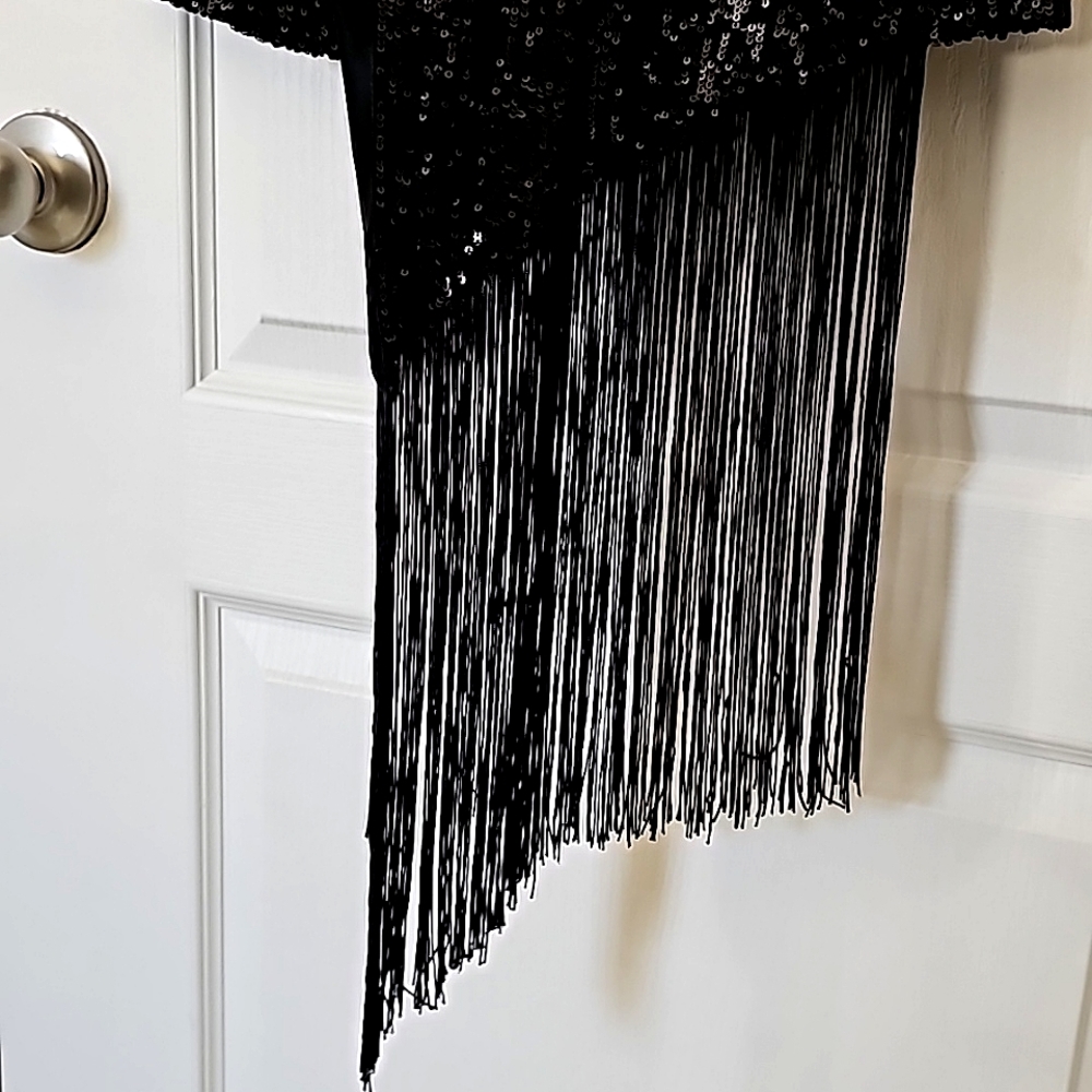 Nwt Belle Badgley Mischka Black Sequin Longsleeve Harley Long Fringed Sa… - Picture 16 of 17